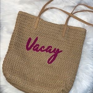 Tan Tote Bag with Pink 'Vacay' Embroidery